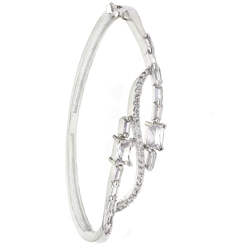 Image of ZENEME Rhodium-Plated American Diamond Studded Flower Patterned Kada Bracelet For Girls and Women