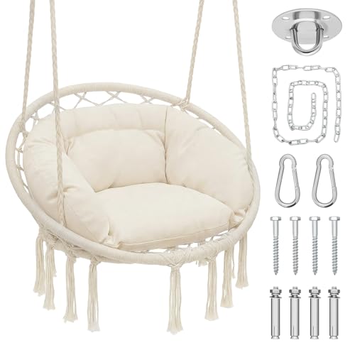 Magshion Hanging Hammock Chair with Cozy Full Cushion, Outdside Macrame Swing Chair with 350 Lbs Capacity, Ideal Accent Furniture for Living Room, Bedroom and Porch Relaxation and Enjoyment (White)