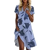 Azruma Abiti da Donna Cerimonia Copricostume Donna Mare Curvy Vestito Estivo Elegante Stampato Collo Mani Corti Vestito Midi Boho Spiaggia Oscillante Tendenza Forma per Vacanze Abito Estivo Lungo