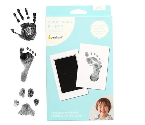 Image of Pearhead Clean-Touch Baby Ink Pad, No Mess Clean-Touch Ink Pad with Imprint Cards, Safe for Skin, Perfect DIY Handprint and Footprint Keepsake for Family - Black, Medium/Large