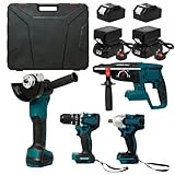 Brushless Power Tools Set with 4 Batteries | 21V Cordless Tool Kit: Combi Drill, Impact Wrench, Angle Grinder & Hammer Drill | DIY Home & Mechanic Car Tool Set in Carry Case