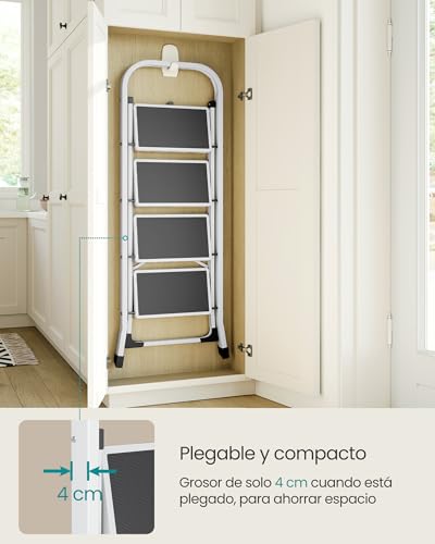 Miniatura 4 de Songmics Escalera De Tijera, Escalera Con 4 Peldaños, Peldaño Plegable, Bloqueo De Seguridad, Fácil De Guardar, Carga Hasta 150 Kg, Blanco Gsl004wz01