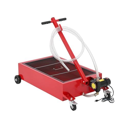 Low Profile Oil Drain Pan 110V, 20 gal Metal Oil Change Pan Cart with 180W Electric Pump, 8 ft Hose & Folding Handle for Cars, SUVs, Trucks, Buses, RVs, Red 20GAL-110V-Red