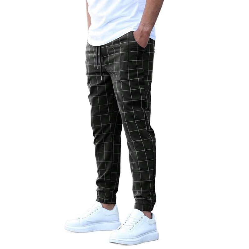 Mens Fashion Grid Printing Slim Fit Casual Pant Plaid Skinny Long Pants Stretch Golf Yoga Business Trouser