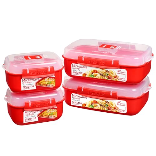 Sistema Microwave-Heat & Eat Frischhaltedosen Set | 4 rechteckige Mikrowellen-Vorratsdosen mit Deckeln (2 x 1,25 l + 2 x 525 ml) | verschließbare Clips und Belüftungsventile | BPA-frei [82005]
