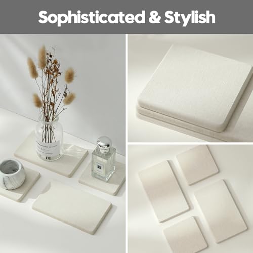 Image of Razborci 4PCS Bathroom Sink Vanity Trays, Diatomaceous Earth Quick Stone Drying Mat Kitchen Counter Dish Soap Dispenser Sponge Holder, Water Absorbing Caddy Organizer for Bottle & Cup, Beige