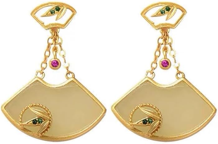S925 Silver And Gold Plated With Natural Paddy Field Jade Fan-Shaped Earrings for Women Yoga Genuine