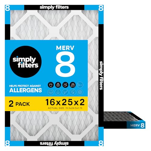 Simply 16x25x2 Air Filter MERV 8 2 Pack Furnace Air Filter for HVAC (Actual Size: 15.5x24.5x1.75) DUST Pet & Allergy Control