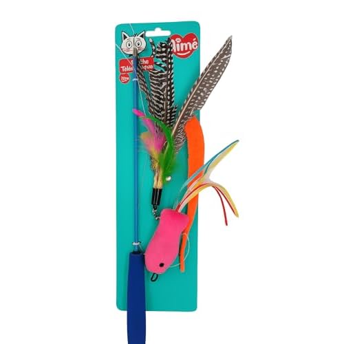 Aimé – Jouet Kawaii Canne à Pêche Chat Rétractable – Jeu Chat Appartement – Coloré, Craquant et Amusant – Stimule Le Mouvement et Le Bruit – avec Appâts Interchangeables et Manche Téléscopique
