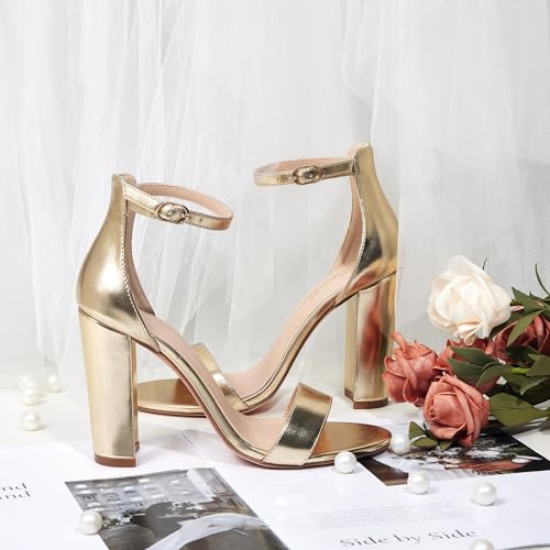 Image of GENSHUO Women's 4-inch Chunky High Heel Sandals with Ankle Strap,Party Wedding Bridal Shoes