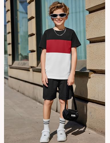 Image of Arshiner Boys' 2-Piece Cotton Outfit Color Block T-Shirt and Shorts Set Summer Camo Clothes for Kids 5-14 Years