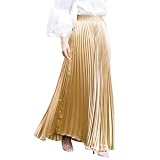 TONCHENGSD Women's High Elastic Waist Satin Metallic Pleated Accordion Swing Long Maxi Skirt (Gold,One Size)