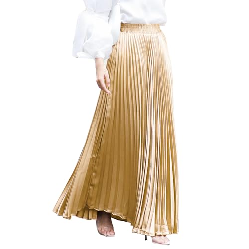 TONCHENGSD Women's High Elastic Waist Satin Metallic Pleated Accordion Swing