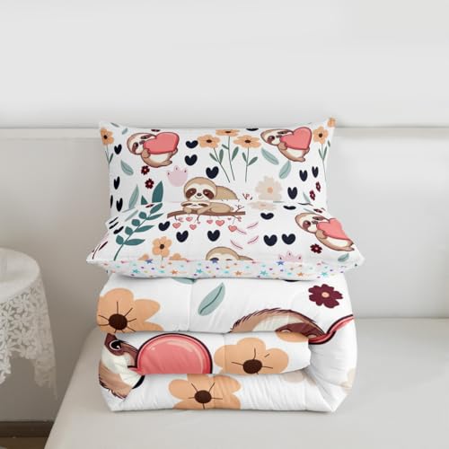 Image of Feelyou Sloth Comforter Set Queen Size, Sloth and Flowers Bedding Set for Kids Toddler Botanical Plant Bedding Set Kawaii Animal Duvet Set Durable Quilt Set