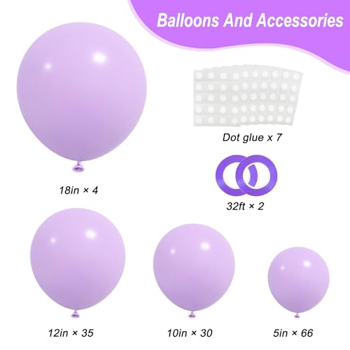 Image of RUBFAC 135pcs Pastel Purple Lavender Balloons Different Sizes 18 12 10 5 Inch for Garland Arch, Latex Light Purple Balloon for Birthday Party Baby Shower Gender Reveal Wedding Decorations