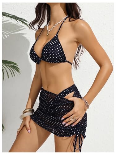 Image of Women's 4 Piece Polka Dots Bathing Suits Cover Up Skirt & Bandana | Halter Bikini Sets, Sexy Bathing Suit, Beach Skirt, Leopard, Paisley, Tropical, Summer