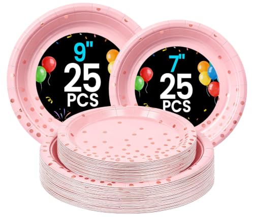 LANLISA Pink and Rose Gold Paper Plates - Disposable Plates, 25-9" & 25-7"
