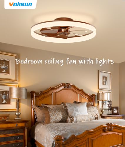 Image of VOLISUN Low Profile Ceiling Fans with Lights and Remote, 24in Fandelier Ceiling Fan Flush Mount, 3000K-6500K Smart Bladeless LED Fan Light, Farmhouse Ceiling Fans with Lights for Bedroom(Wood)