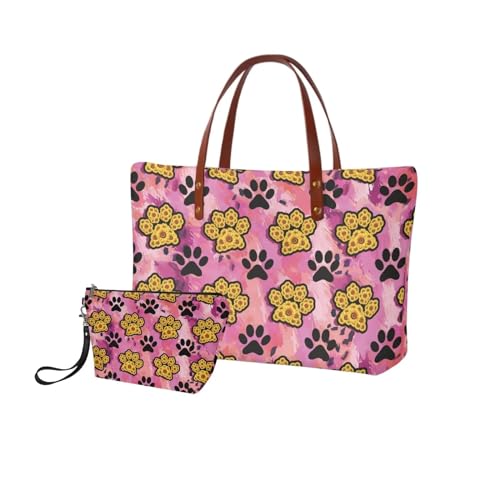 Image of Cartoon Paws Large Top Handle Tote Purse for Women, Shoulder Satchel with PU Zipper Make Up Purse Wallet, Lightweight Hobo Bag, Pink