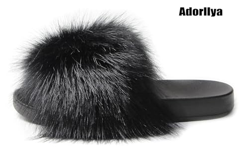 Image of Big Faux Fur Slides, Furry Slippers for Women Fuzzy Fluffy Sandals Shoes