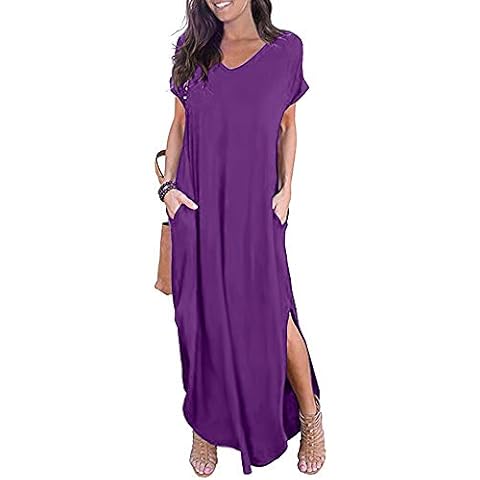 Newbestyle Womens Summer Maxi Dresss Short Sleeve Loose Split Beach Dress with Pocket Roland Purple M Cover