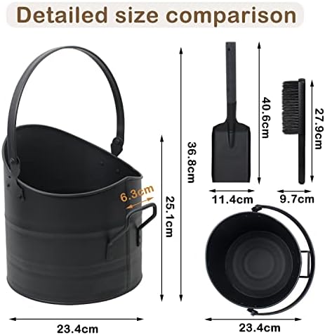 BRIAN & DANY Coal Scuttle Bucket with Lid, Ash Buckets for fireplaces, 10L Pail with Shovel and Hand Broom, Tool Set Accessories for Fireplace, Fire Pit, Wood Burning Stove