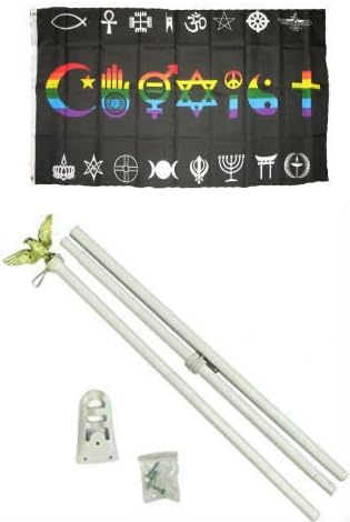 Moon 3x5 Gay Pride Coexist Rainbow Flag w/6 Ft White Flagpole Kit - Bright Color UV Resistant - Prime Outside Garden Cave Home Decor