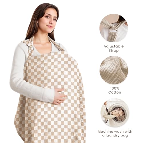 Image of Konssy Muslin Nursing Cover Up for Breastfeeding with Rigid Hoop | 100% Cotton Nursing Apron, Lightweight & Breathable, Carseat Canopy, Breast Feeding Covers for Women