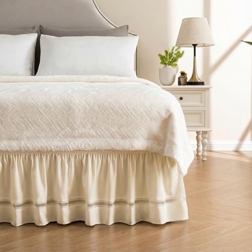 MIYE Wrap Around Ruffled Lace Bed Skirt, Elastic Dust Ruffle with Adjustable Belts, Easy to Put On, Bed Frame Cover, Machine Washable (Ruffled Lace/Light Beige, King/Queen-18 Drop)