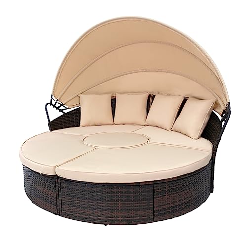 Oakmont Outdoor Patio Daybed with Retractable Canopy, Wicker Rattan Sectional Round Sofa Furniture Set, 5 Pieces Seating Separates Cushioned Seats for Lawn Garden Backyard Porch Pool, Brown - Thumbnail 2