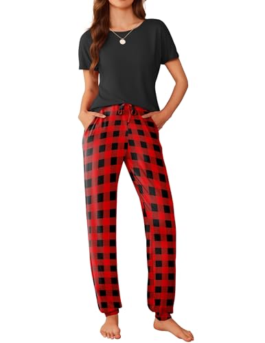 Image of Ekouaer Womens Pajama Sets Short Sleeve Lounge Sets for Women Printed Jogger Pajama Set 2 Piece Pj Sets With Pockets S-XXL