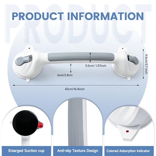 Image of Suction Cup Grab Bars, 16.5 Inch Anti Slip Bathroom Grab Bar, No Drill Handicap Grab Bars, Removable Safety Support Handrail, Assist Bath Shower Handle for Elderly Injury Senior (1.37 inch Dia, 2 Pack)