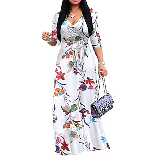 FANDEE Plus Size Maxi Dress for Women Casual Summer Sundress V-Neck 3/4 Sleeve