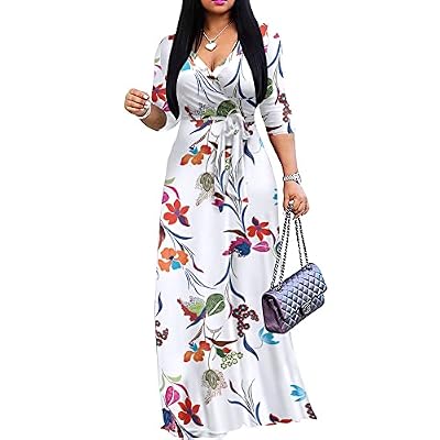 FANDEE Plus Size Maxi Dress for Women Casual Summer Sundress V-Neck 3/4 Sleeve(White,3X-Large)