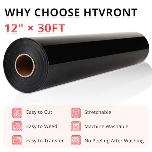 Image of HTVRONT Black HTV Heat Transfer Vinyl Roll - 12 inch x 30Ft Iron On Vinyl for T-Shirts,HTV Vinyl Easy Cut & Weed, Black Heat Transfer Vinyl for All Cutting Machines
