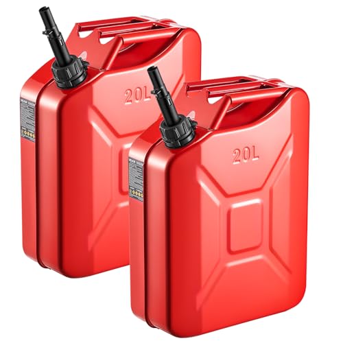 VEVOR Bidón de Gasolina de 20 L, Tanque de Combustible de Metal y PP con Pico y Asa, Caudal Máximo de 6 L/min, a Prueba de Fugas, para la Mayoría de Autos, Motocicletas, ATV, UTV, Rojo, 2 Piezas