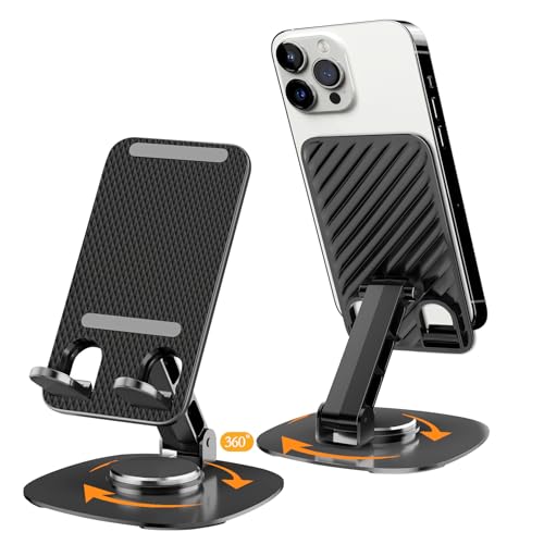 VELIGOOD 2PCS Cell Phone Stand, [Fully Foldable] Stable Metal Base 360° Rotation Height and Angel Adjustable Desktop Phone Stand for Smartphones E-reader Tablets All 4-13