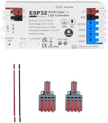 ESP32 WLED Digital LED Controller with 4 Channel 15A Fuse with Mic Sound, Dynamic RGBIC Lighting Effects,Music Sync,Easy Wiring Strip Light for WS2811 WS2812 SK6812 TM1814 WS2813 WS2815 (GL-C-017WL-D)