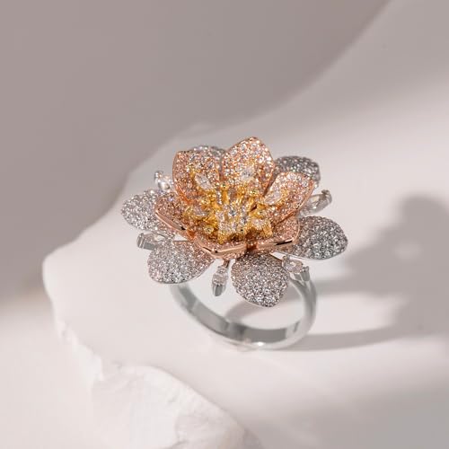 Aura & lrena Statement Flower Ring for Women, 18K Gold Plated Adjustable Open Band Cocktail Ring, 3D Floral Zirconia Fashion Jewelry, Bold Elegant Ring Gift3