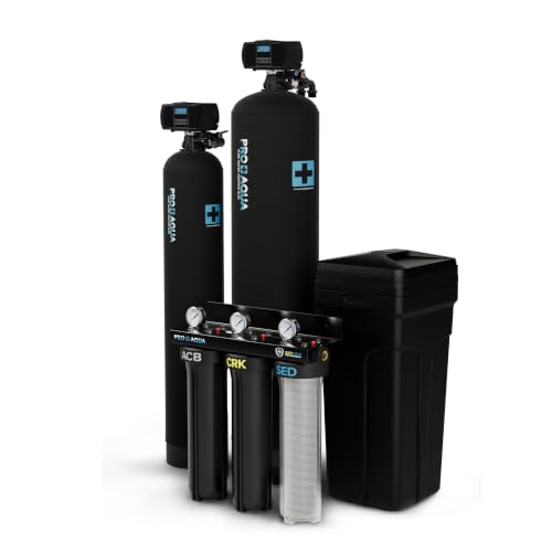 PRO+AQUA Elite 5-Stage Whole House Water Softener and Filter Bundle System for Well Water | Reduces Heavy Metals Iron Sulfur Sediment Chlorine and More | Ideal for 3-4 Bathrooms