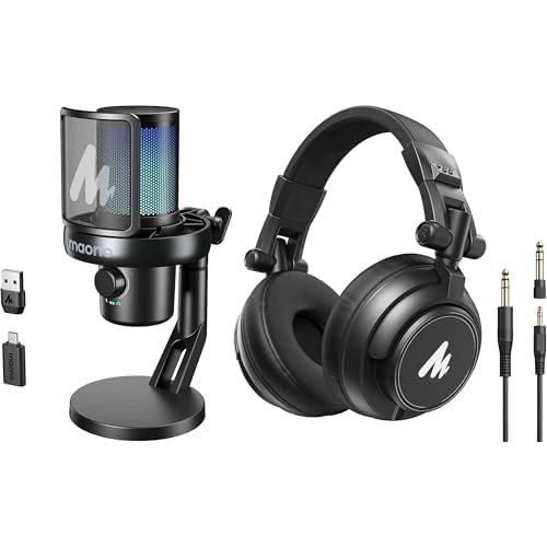 MAONO Wireless Gaming Microphone DM40 Pro + MH601 Professional Studio Monitor Headphones