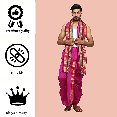 Image of Rameshwaram Fabrics Readymade Dhoti for Men, Velcro Style Stitched Mens Silk Dhoti Pant with Stole Set