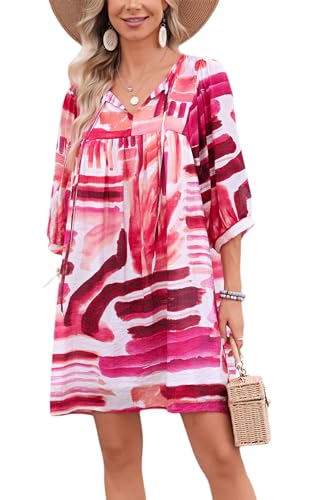 Image of Women's Summer Casual Dresses Boho Floral Drawstring V Neck Lantern Sleeve A-Line Beach Mini Babydoll Dress