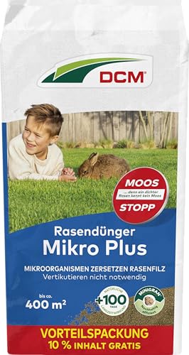 DCM Rasendünger Mikro Plus - Langzeit Rasendünger - MINIGRAN® TECHNOLOGY - Kein Vertikutieren nötig - organisch-mineralischer NPK-Dünger - 20 KG für 400 qm
