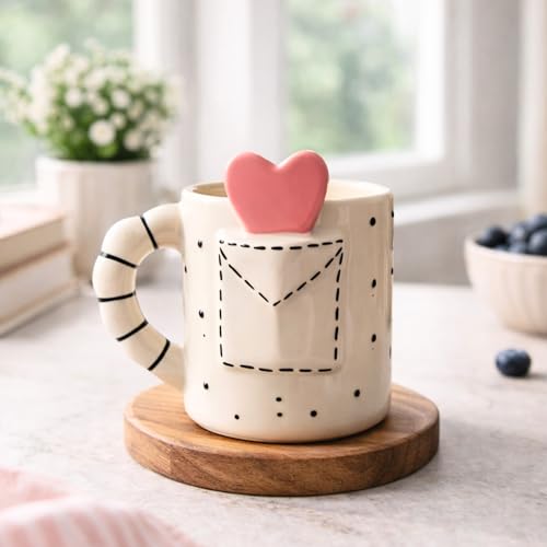 Image of Love Letter Heart Ceramic Coffee Mug for Women, 240ml, Cute Romantic Design Tea Cup, Mugs for Hot and Cold Beveranges, Aesthetic Ceramic Mug for Home, Office & Gift