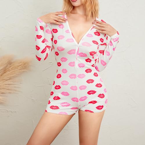 Image of Women Christmas Shorts Romper Print Long Sleeve Deep V Neck Fitted Jumpsuit