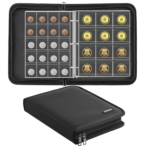 JUNDUN Fireproof Coin Collection Album for Collectors, Pennys Collection Book with 260 Pockets, Coin Collecting Organiser Storage Dispaly Holder for 20/25/27/30/38mm Pennys(Black)