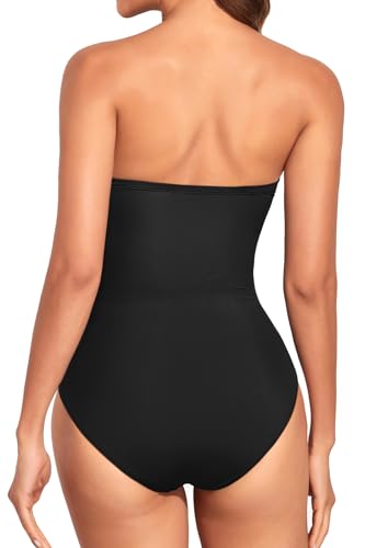 Image of Holipick Women Sexy One Piece Swimsuit Strapless Bathing Suits | Bandeau Neckline, Mesh Cutout Design, Push Up Removable Pads, High Cut, Removable Straps, Pool Beach Cruise Resort