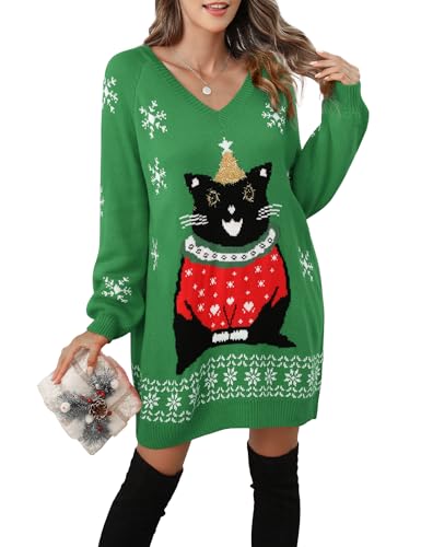 Women's Ugly Christmas V Neck Oversize Sweater Dress Long Sleeve Loose Holiday Knit Xmas Mini Dress.