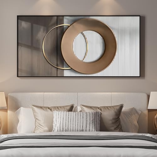 Large Horizontal Modern Wall Art for Bedroom, Framed Neutral Picture Prints, Minimalist White Brown Circle Geometric Painting Artwork Decor for Living Room Dining Room Hallway Office 28x57 Inch